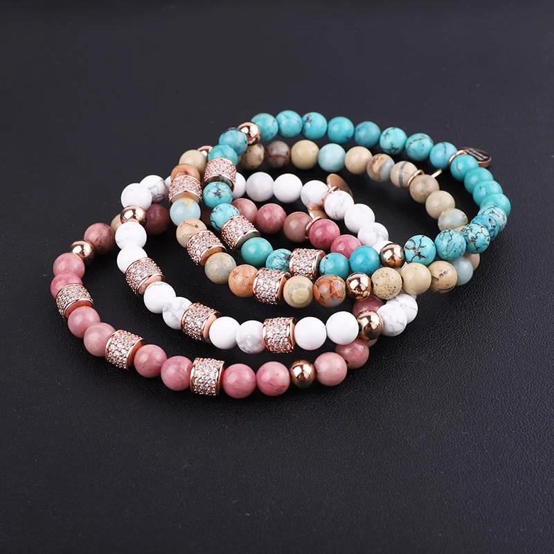 New Fashion Natural Stone Beaded CZ Pave Ball Charm Elastic Beads Bracelet For Women Jewelry Gift - Image 2