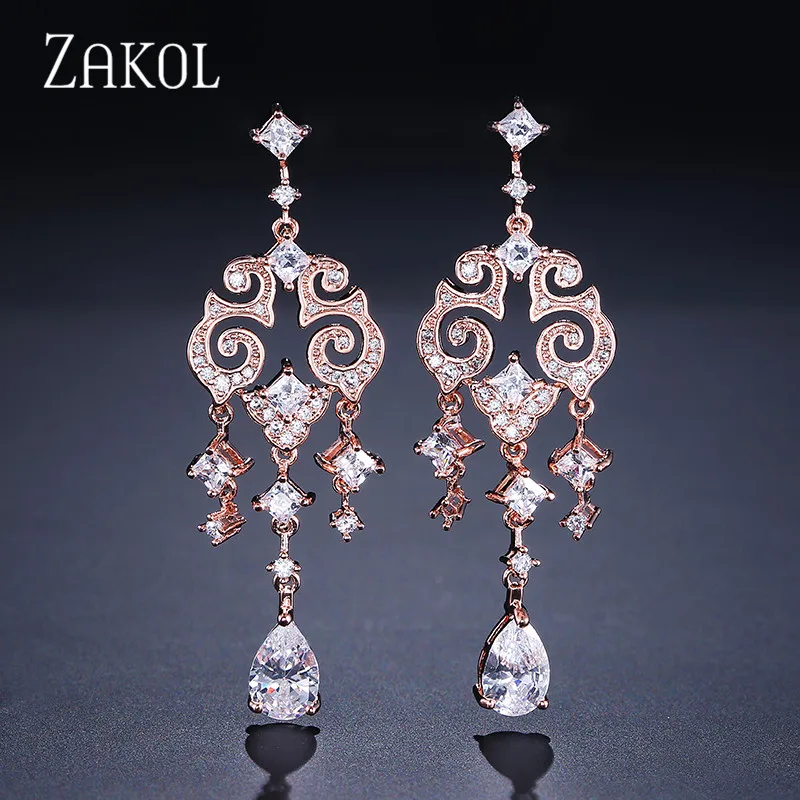 Женские серьги подвески ZAKOL длинные из кубического циркония для свадебного обеда