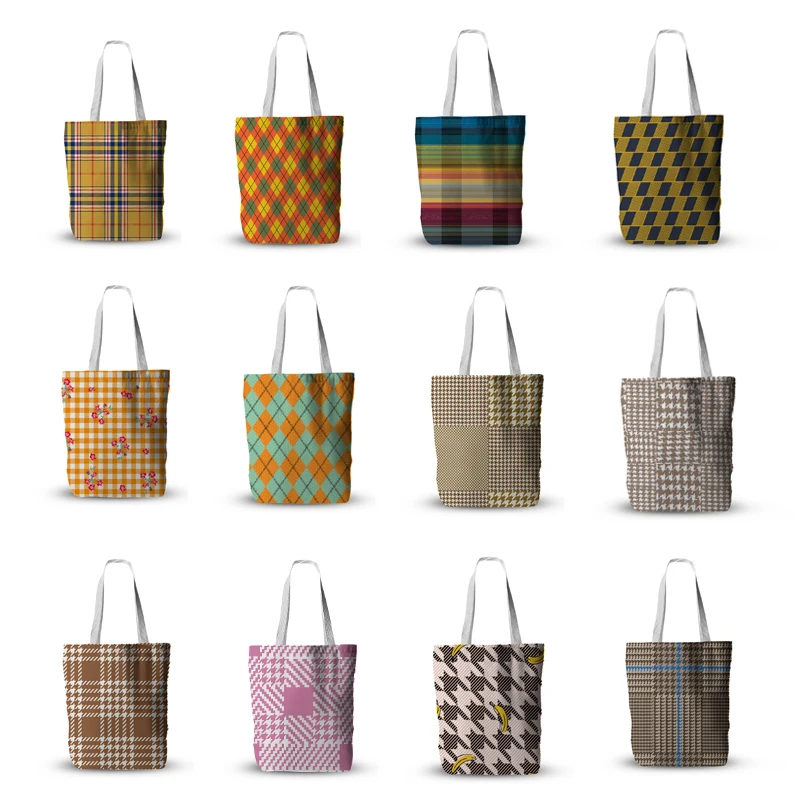 

Houndstooth Pattern Ladies Ffashion Canvas HandbagsOutdoor lLeisure one-Shoulder Supermarket Shopping Bags Reusable Beach Bags