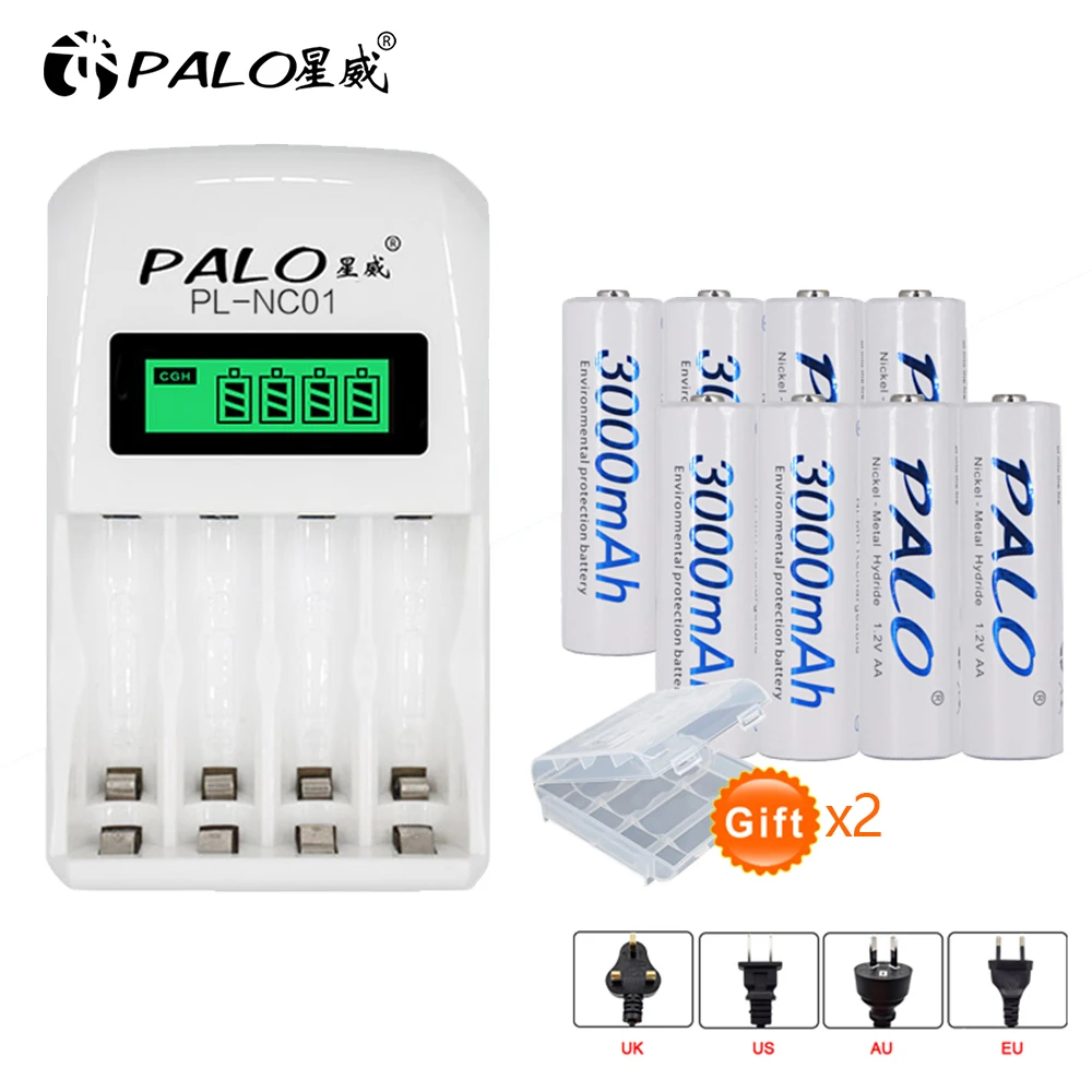 

8pcs 3000mAh AA rechargeable battery + 4 slots LCD display smart fast charger for NI-MH nimh ni mh AA 2A AAA 3A US EU AU UK plug