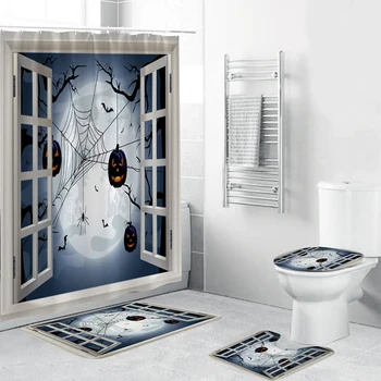 

Cartoon Halloween Shower Curtain Open Window Horror style 4 Piece Set Soft Toilet Mat Pad For Bathroom Decor