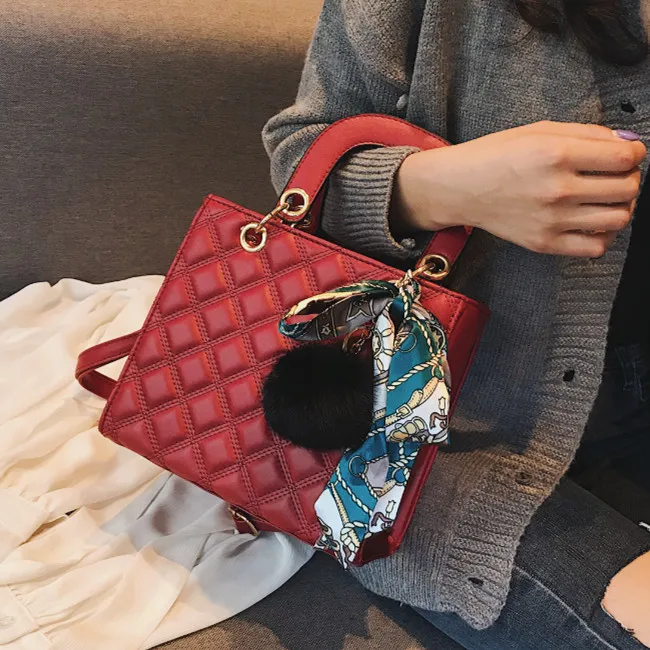 Bandolera de diseñador con pañuelo y bola de pelo para mujer, bolso pequeño  de mano rojo, de piel sintética| | - AliExpress