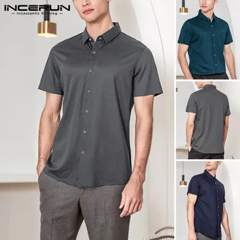 

INCERUN Men Dress Shirt Brand Solid Color Lapel Short Sleeve Tops High Quality Fashion Mens Social Business Shirts Camisa S-5XL