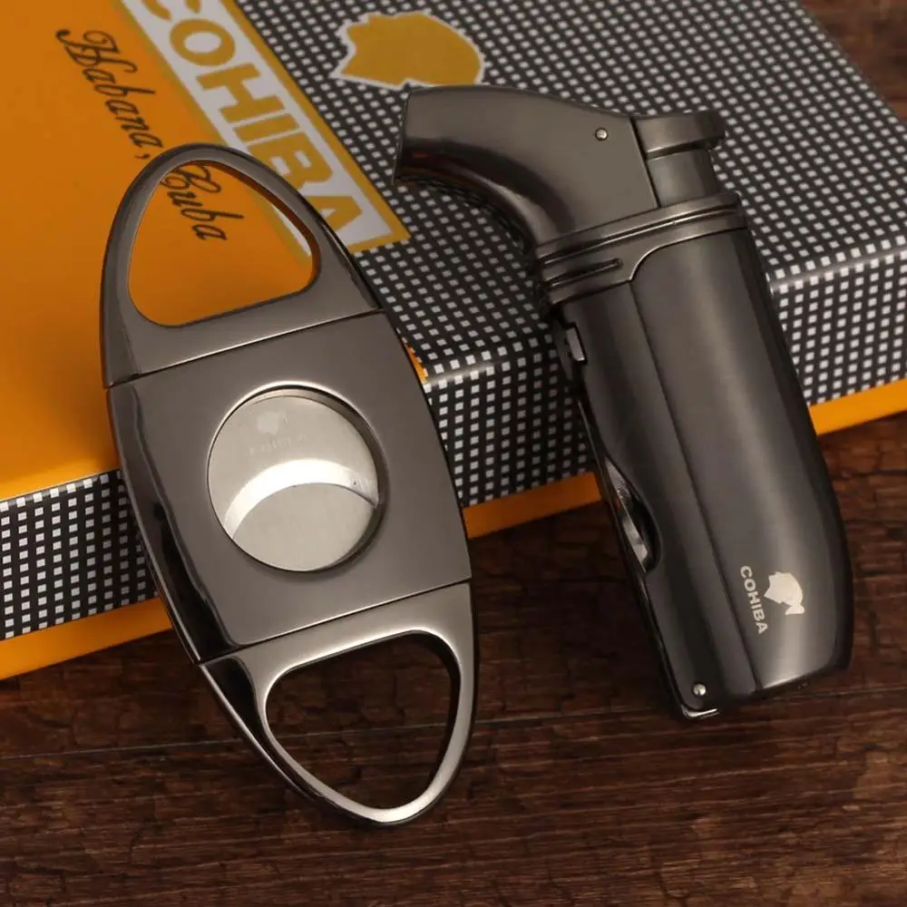 

COHIBA Cigar Lighter Cutter Set 2 Torch Flame Cigar Lighter Windproof Metal Cigars Cutter Punch Tobacco Cutting W/ Gift Box