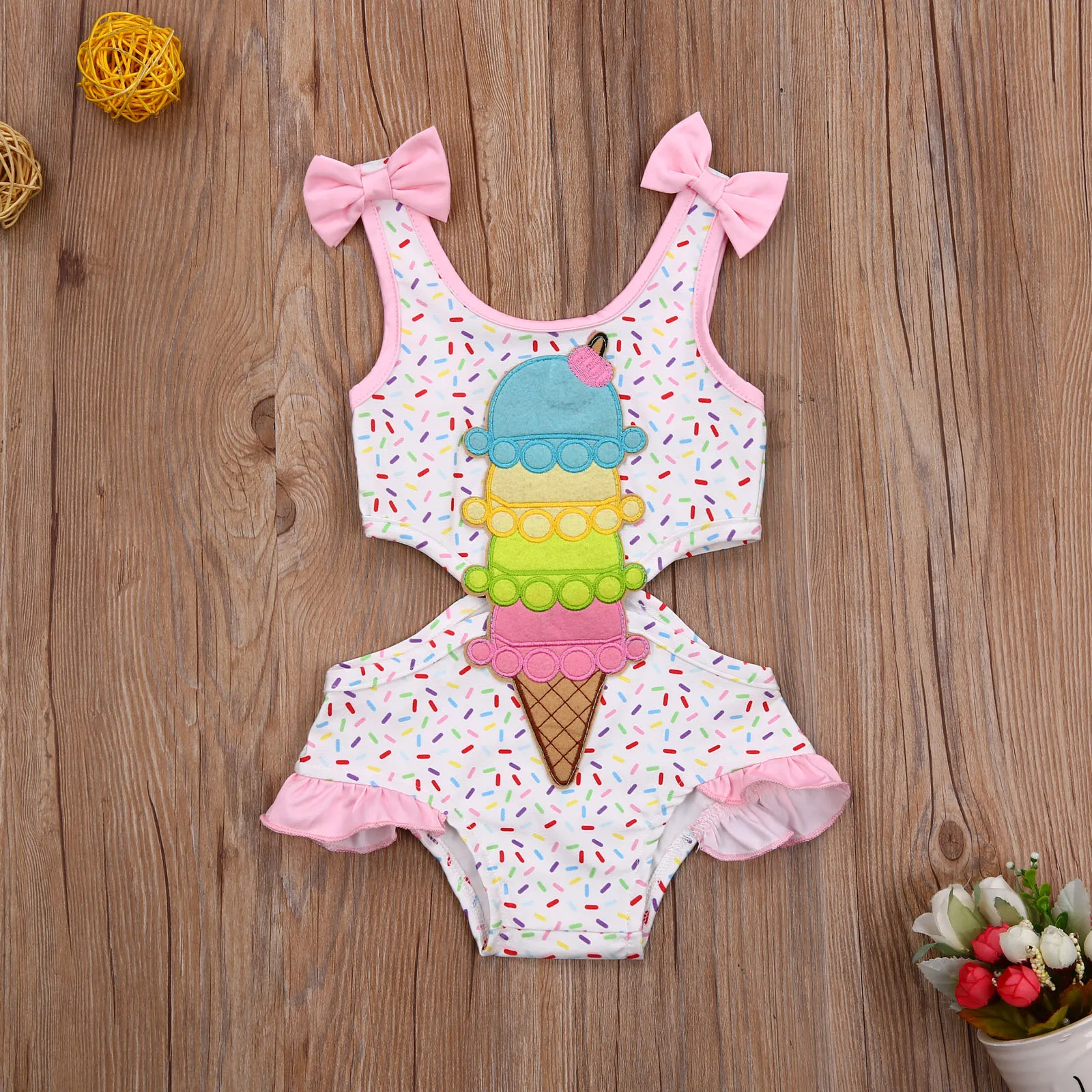 0-3T Girly Sweet Little Girl Fresh Lotus Leaf Pool Swimsuit Fashion Bow Ice Cream Print Hollow Sling Swimsuit