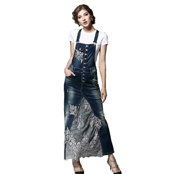 

Women Denim Dress 2017 Summer Autumn Casual Fashion Floral Lace Embroidery Patchwork Suspenders And White Cotton T Shirts