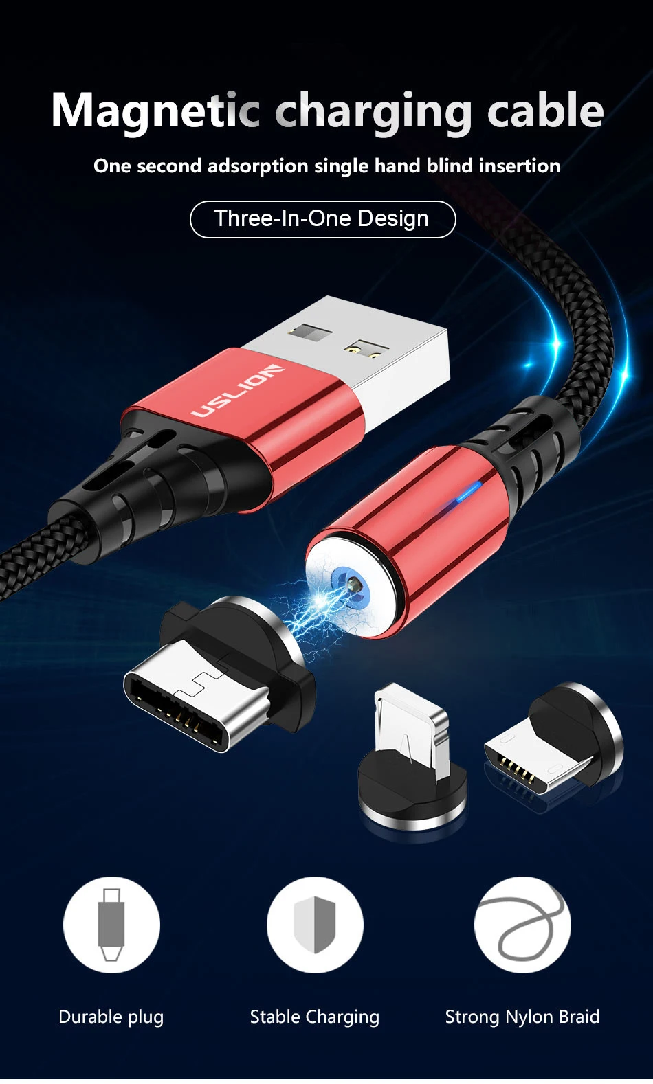 USLION 1 м 2 м металлический корпус светодиодный магнитный кабель usb type C для samsung Xiaomi Micro USB кабель для iPhone IOS 11 Магнитная линия передачи данных
