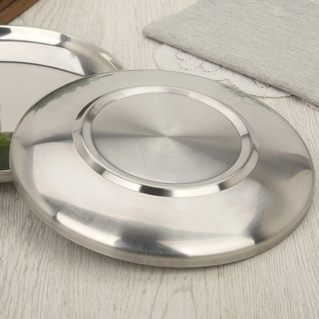 Stainless Steel Dinner Plates Western Steak Round Tray Kitchen Serving Dishes Salad Shape Round Plate Cake Dessert Tray - Silver