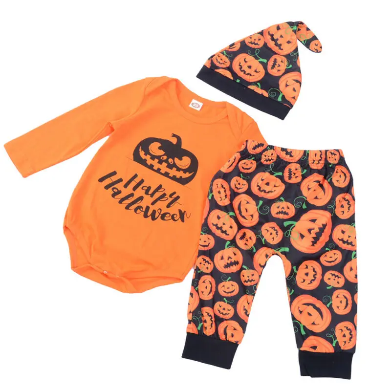 

Toddler Halloween Clothes Set Baby Girl Boy's Yellow Long Sleeve Pumpkin Outfits 2 Piece Set Bodysuit Tops +Long Pants +Hat