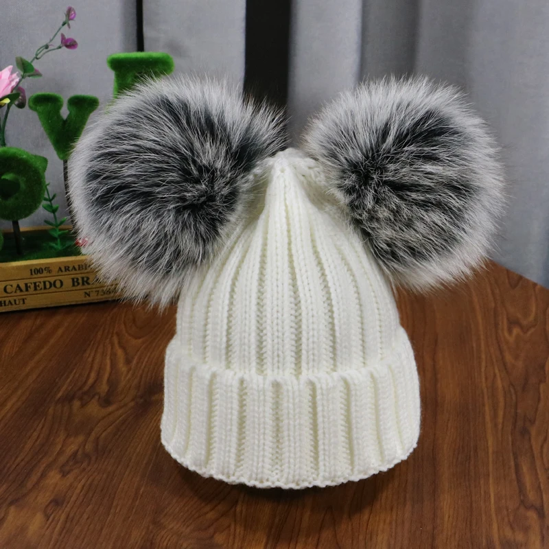 2021 New double natural Pom Poms hat Girls Boys Winter Warm Fur Pompom Ball Knitted Beanies Hat Skullies Beanies Cotton Bonnet
