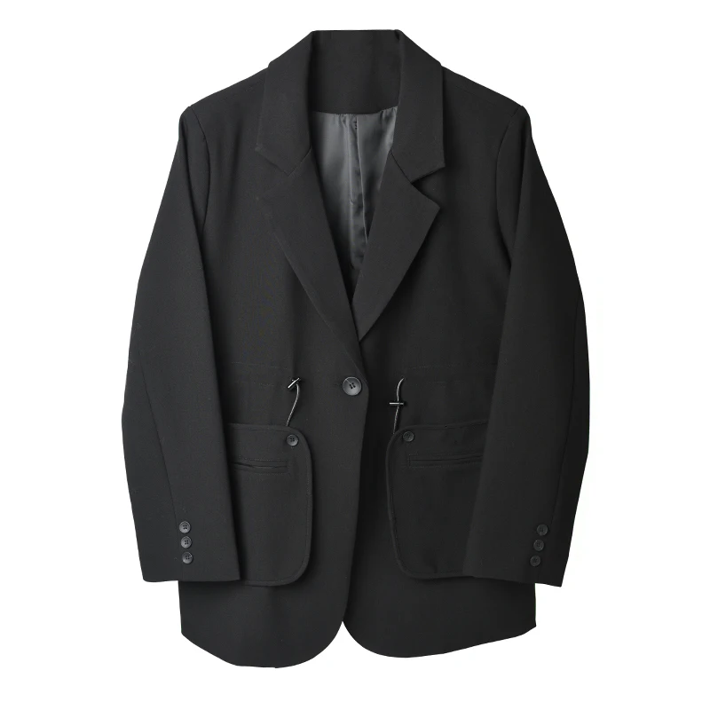 [EAM] женский черный короткий Блейзер на шнурке, новинка, свободный пиджак с отворотом и длинным рукавом, модный весенний осенний 1H7920 - Цвет: Black