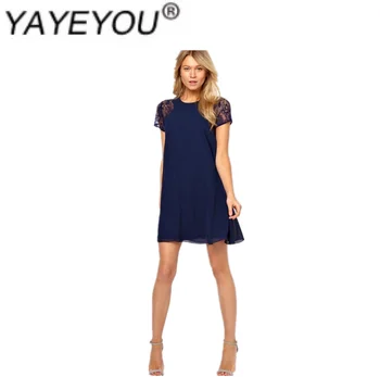 

YAYEYOU Spring and summer dress European and American style sleeve lace splice white navy blue comfortable cool fashion back sli