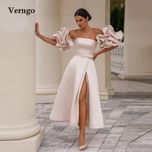 

Verngo Blush Pink Satin Wedding Dresses Short Puff Sleeves Strapless Slit Corset Tied Back Ankle Length Women Bride Party Dress