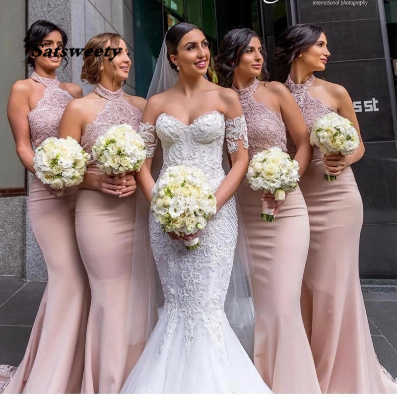 

Hot Sale Blush Pink Mermaid Bridesmaid Dress Long Wedding Party Gowns Wedding Guset Dress With Halter Sleeveless Elegant