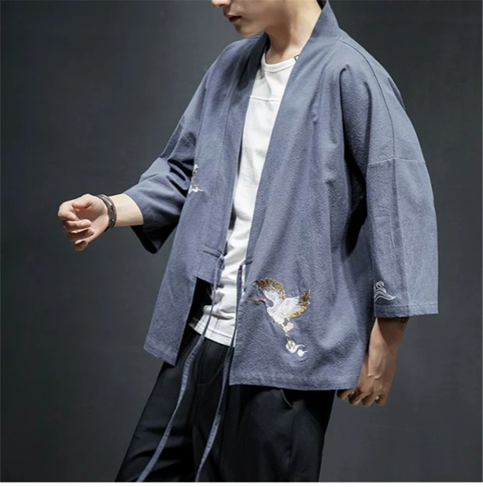 Ретро журавль Самурай кимоно хаори традиционные японские халаты хлопок и лен принт китайский кардиган Азиатский пальто для мужчин верхняя одежда