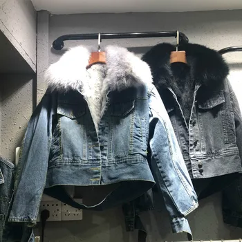 

New Autumn and Winter Thickened Short Denim Jacket Large Fur Collar Denim Padded Coat for Women Real Fur Rivet Jeans Parkas