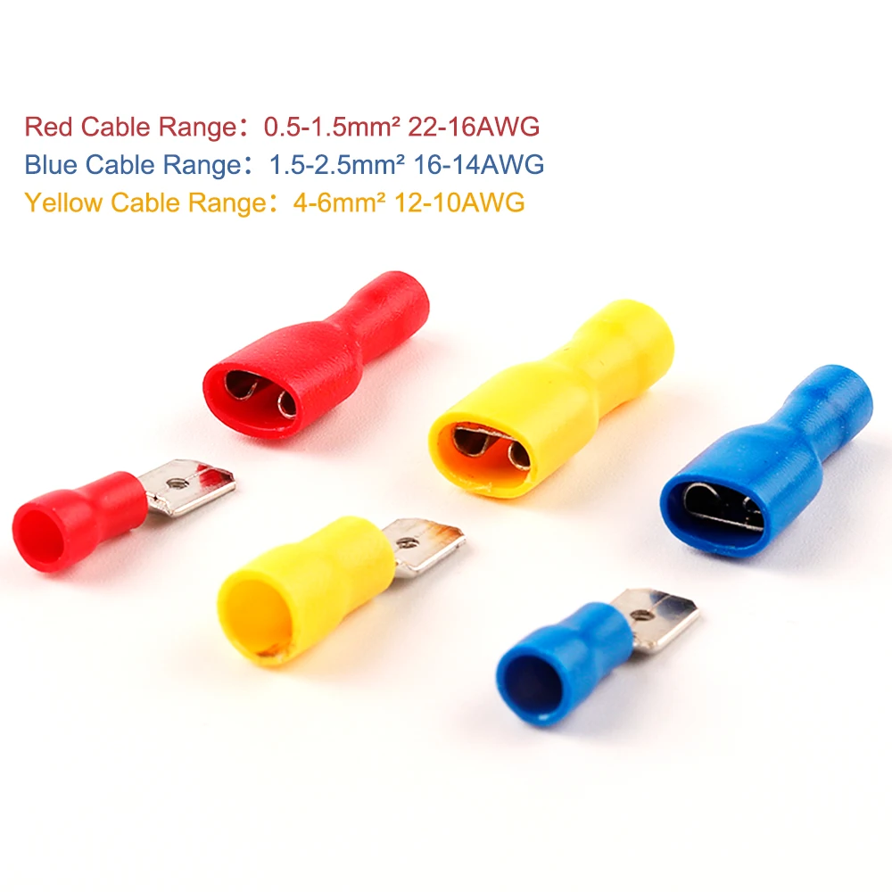 Wire Connectors 6.3mm Female Male PVC Insulated Crimp Terminal Spade Blue Yellow Red
