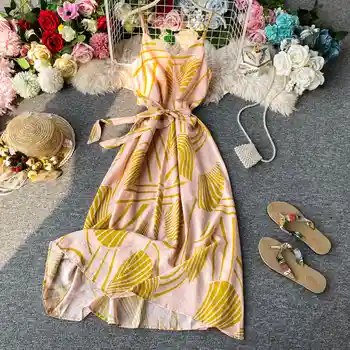 

ALABIFU 2020 New Summer Bohemia Beach Vacation Sexy Retro Printed V-Neck Long Dress Fashion Casual Sling Dresses