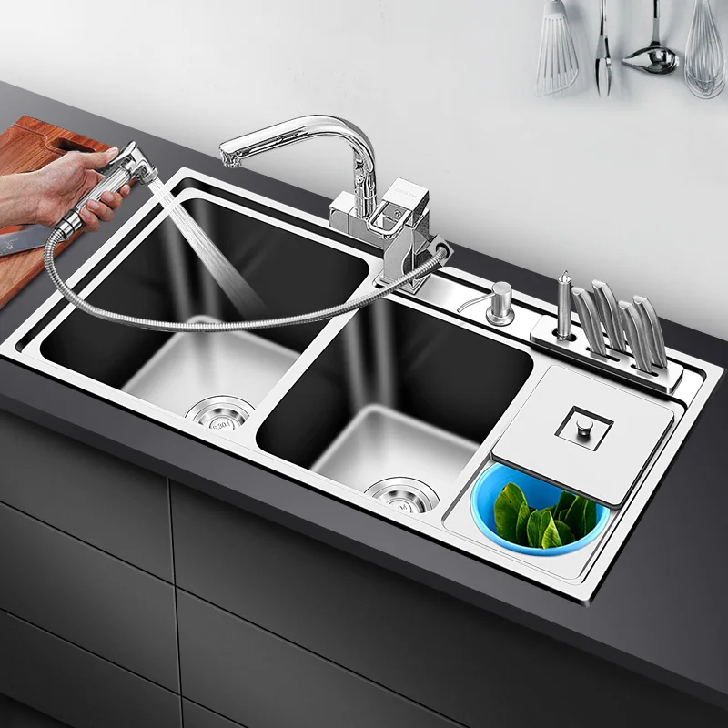CKWS kitchen sink double bowl above counter or udermount sinks 304 stainless steel 1.2mm thickness sink kitchen With trash can