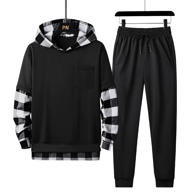 Spring Autumn Mens Set Tracksuit Men Plaid Patchwork Hoodies + Pants 2 Pieces Set Fashion Studen Sports Suit Streetwear 4XL