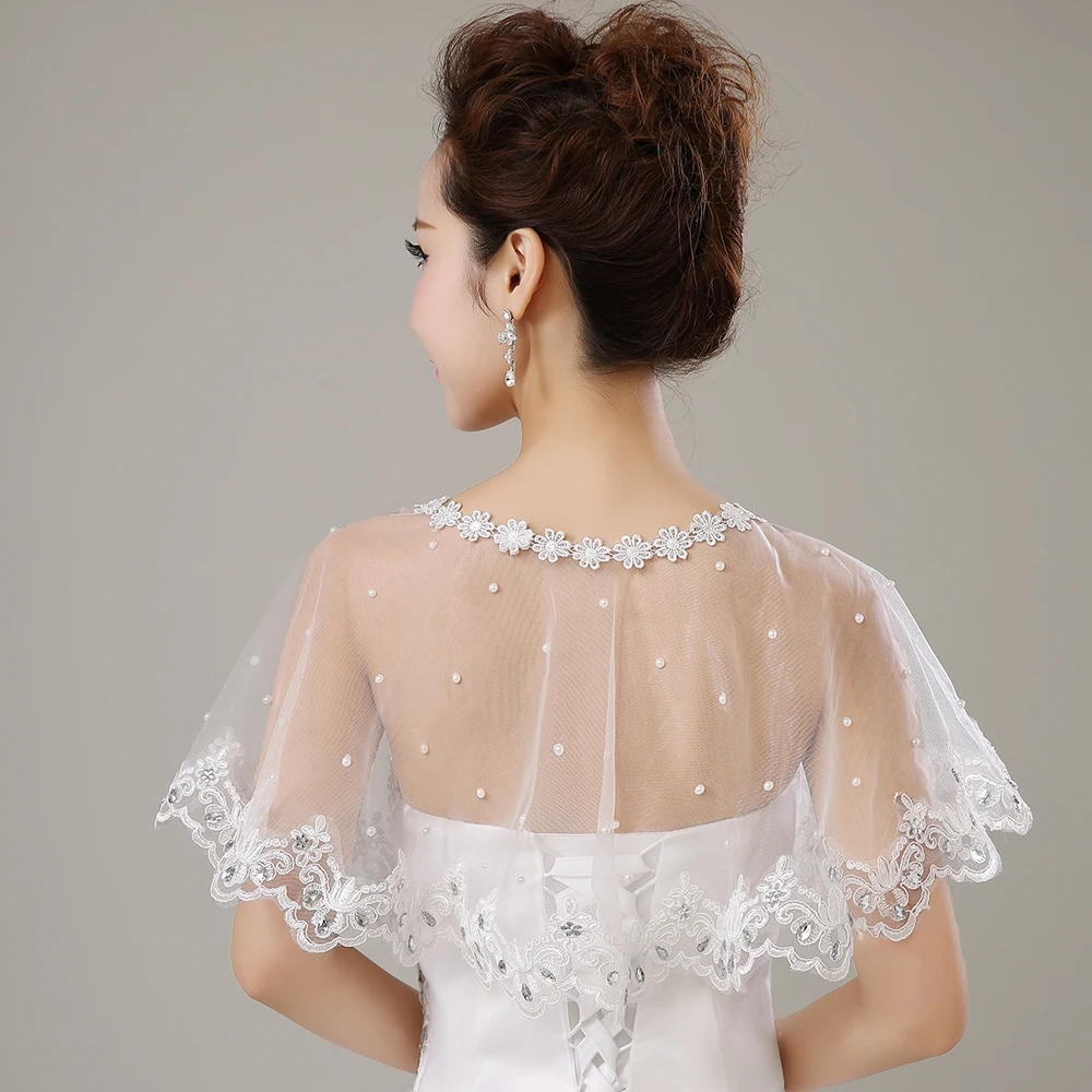 Elegant Rhinestone Simulated Pearls Wrap Applique Edge Summer Sheer Short Cape Wedding Bridal Cover Up Shawl Handmade Gifts
