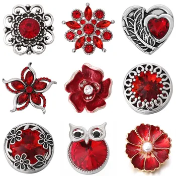 

10pcs/lot Red Crystal Flower Owl Snap Button Accessories Fit 18mm DIY Snap Bracelet Rhinestone Buttons Jewelry