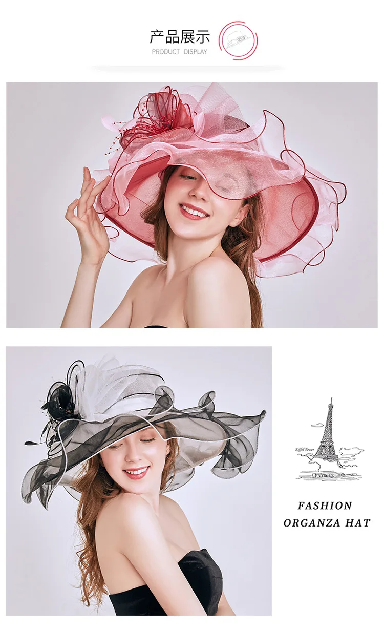 Women Sunscreen Beach Fedoras Hat Female Summer Organza Feather Flower Fashion Hats Collapsible Sun Foldable Banquet Cap H6500