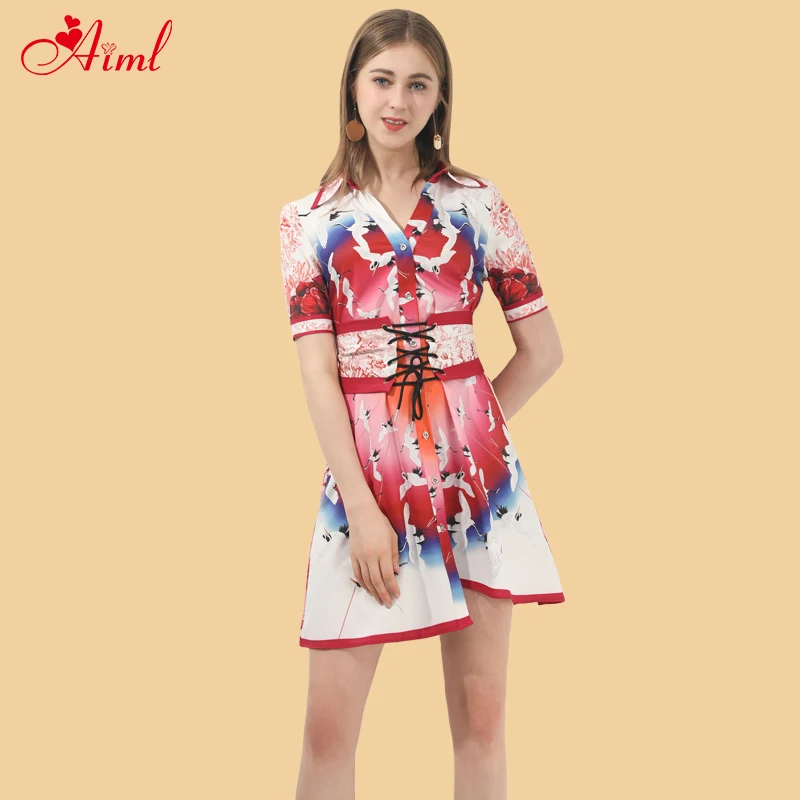 

Designer 2020 Women Dress Spring Summer V-neck Short sleeve Bandage Fashion Mini Dress White Crane Print Elegant Dresses