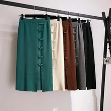 Новая весенне-осенняя трикотажная юбка на пуговицах в китайском стиле, Женские винтажные прямые юбки, OL карандаш, тонкая юбка с высокой талией Mw831