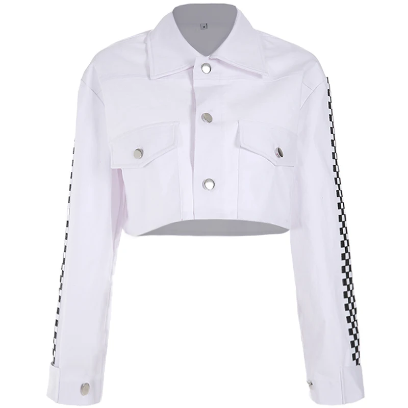 Most effective  Rockmore White Long Sleeve Plaid Jacket Women Checkered Crop Jackets Basic Button Pocket Turn-down 