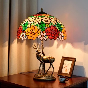 

GIRBAN Elk Rose Stained Glass Table Lamps Living Room Dining Bar Bedroom Decor Bedside Desk Lamp Night Lights Light Fixtures