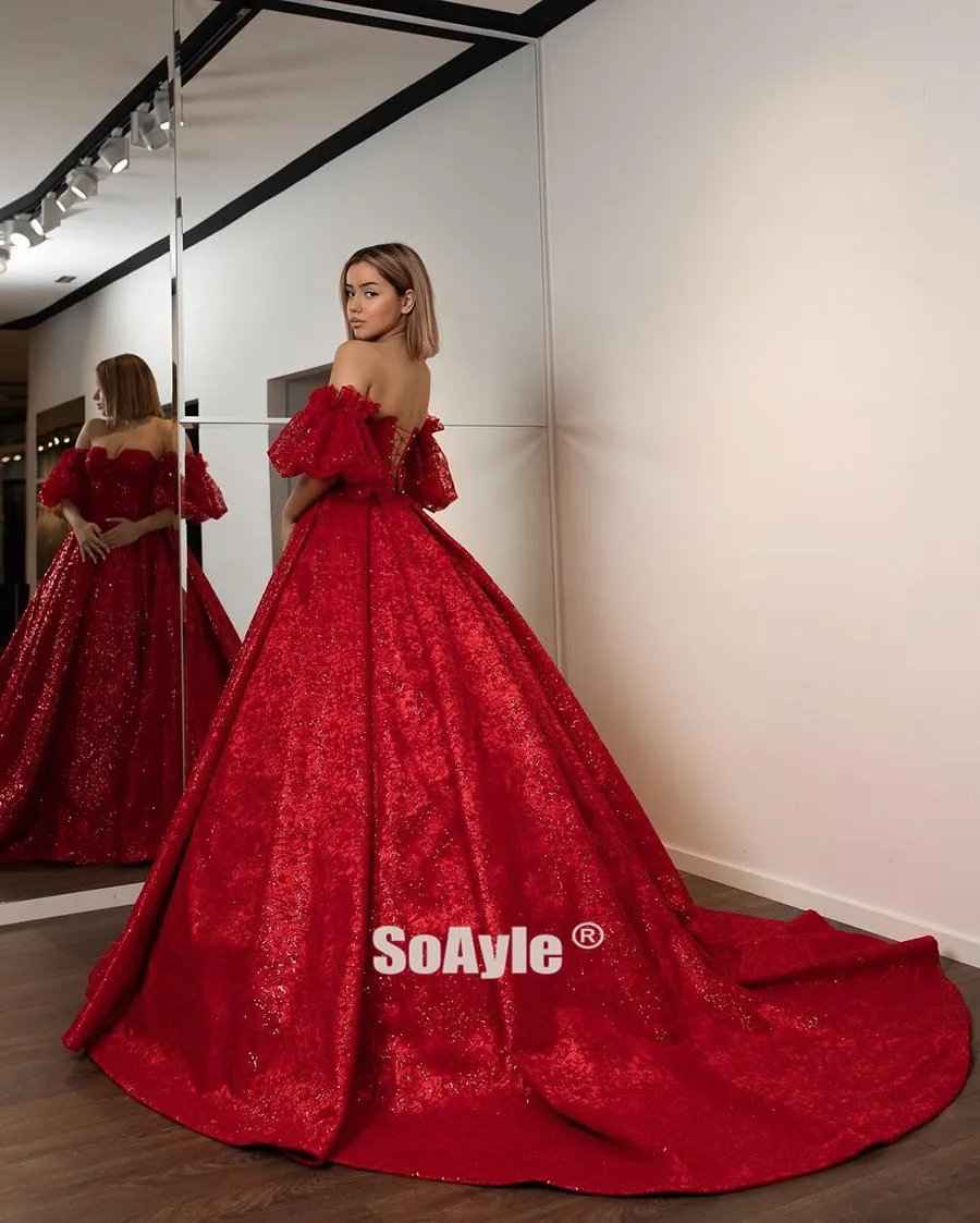 SoAyle мяч вечерние платья Bling Красный арабский вечернее платье с блестками без бретелек прозрачная емкость рукав халат De Soire