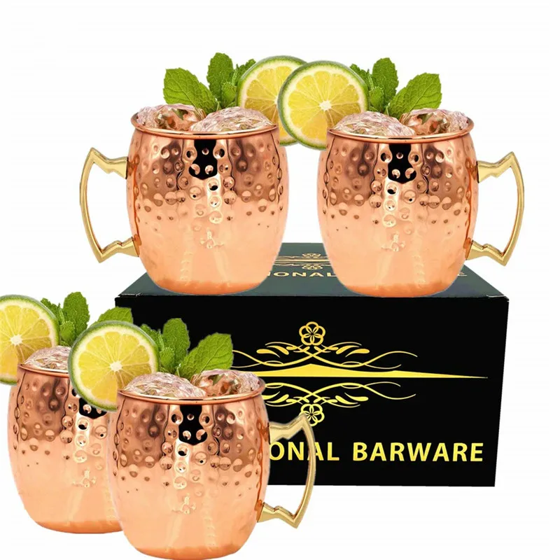 

High-Quality 4 Pieces 550ml 18 Ounces Moscow Mule Mug Stainless Steel Hammered Copper Plated Beer Cup Coffee Cup Bar Drinkware