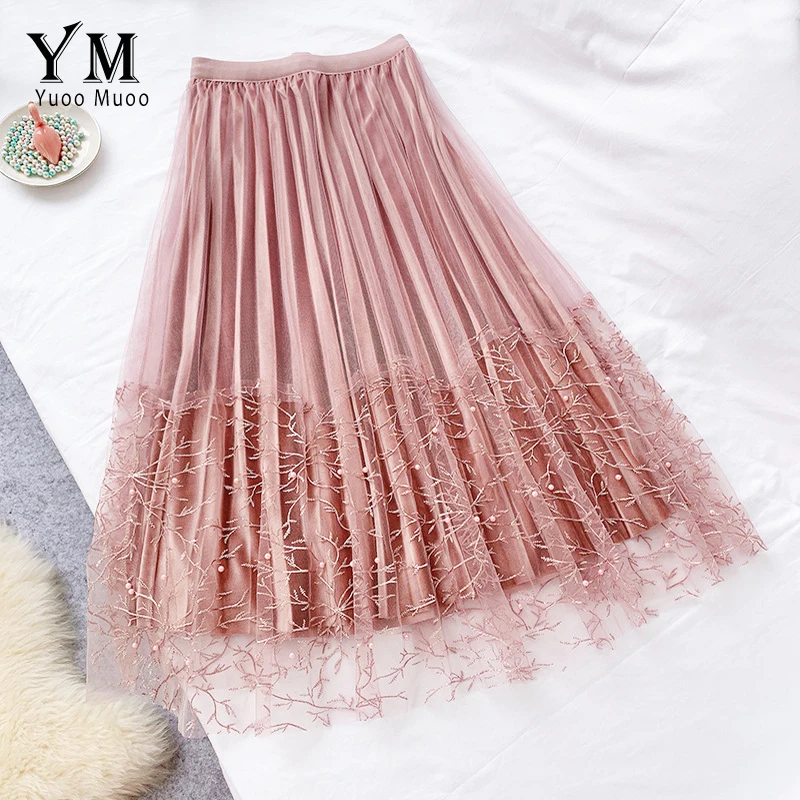 YuooMuoo Good Quality Embroidery Beading Pleated Skirt Autumn Winter Women Velvet Lace Skirt Fashion Ladies Midi Pink Skirt