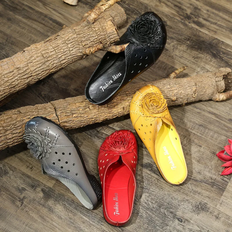 

Large Size Spring And Summer Handmade Genuine Leather Closed-toe Hollow out Slipper Casual Flat Comfortable Soft Sandals Ethnic-