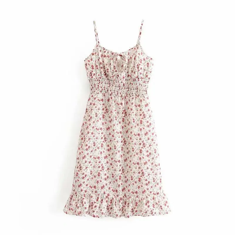 

2019 Summer New Style Women's Retro Small Floral Print Sexy Neckline Lace-up Strapped Dress Travel Holiday Waist Hugging Dress
