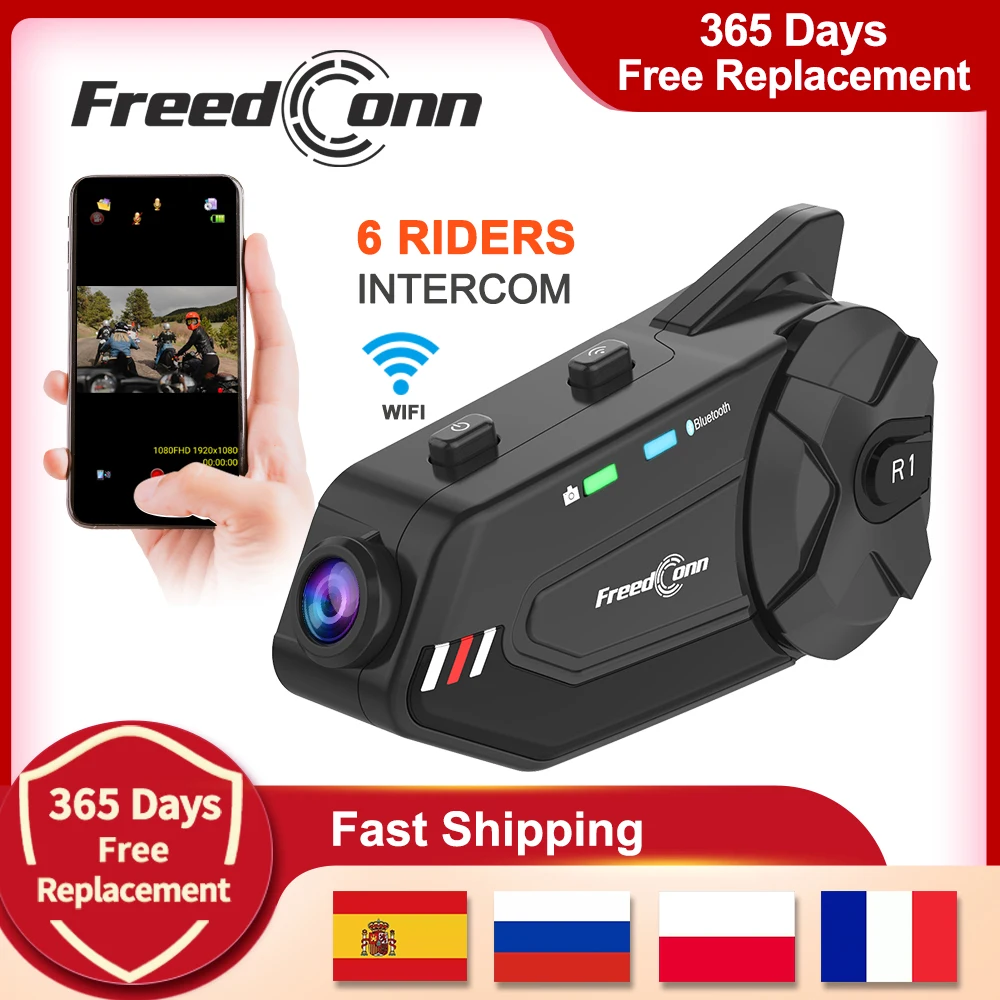 US $109.99 FreedConn R1 Plus Motorcycle 1000M 6 Riders Bluetooth Group Intercom Helmet Headset Headphone WiFi Video Recorder Ear Interphone