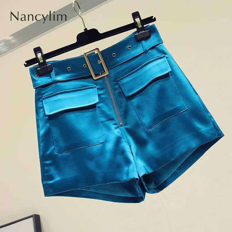 

Shorts Women 2019 Autumn New Korean Solid Color Belt Casual Shorts High Waist Zipper Wide Leg Trousers Female Boots Shorts