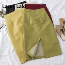 Юбка из искусственной кожи, Женская облегающая юбка-карандаш с высокой талией, Женская осенне-зимняя коллекция, однотонная элегантная винтажная юбка Mujer