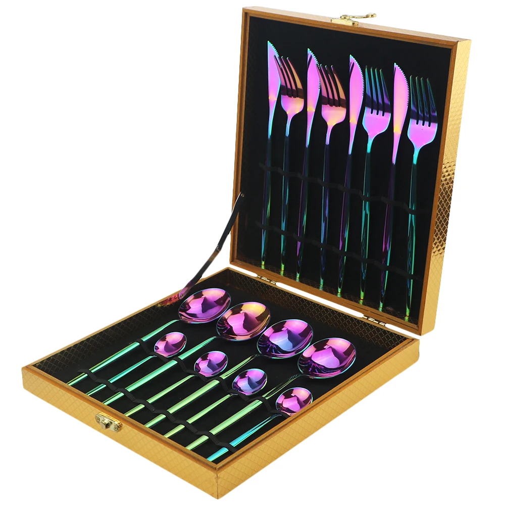 4/16/24pcs Dinnerware Set Rainbow Cutlery 304 Stainless Steel Tableware Fork Knife Spoon Dinner Silverware With Gift Box | Дом и сад