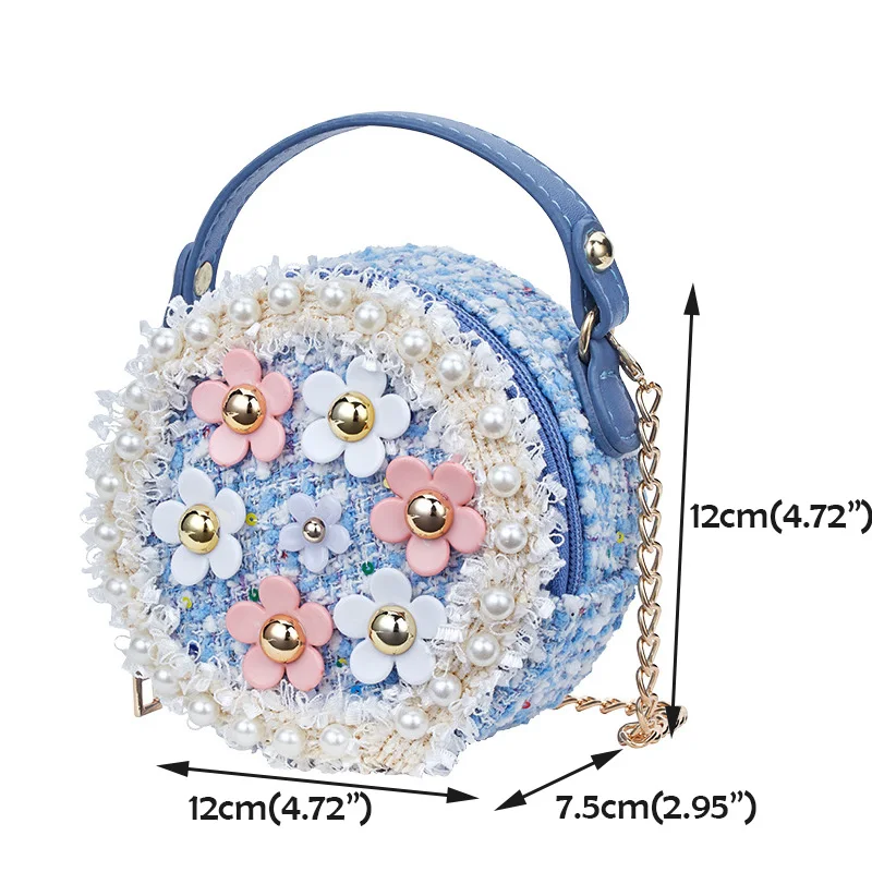 Toddler Kids Mini Chain Round Pearl Bag Baby Girls Pink Tweed Crossbody Bag Fashion Wool Flower Handbag for Teens Shoulder Purse (2)