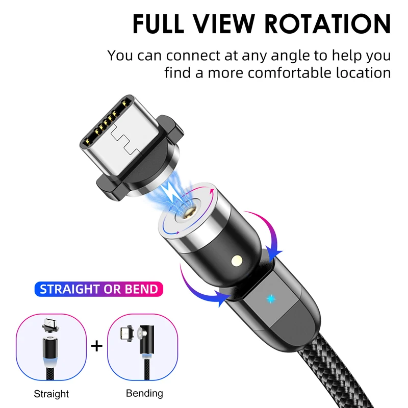 Магнитный USB кабель зарядное устройство Micro usb Type C шнур вращающийся на 360 ° + 180