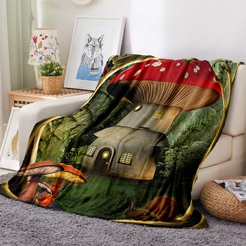 

3D Custom Forest Mushroom Blanket Super Soft Modern Line Coral Fleece For Spring Autunm Bedspread Dropship