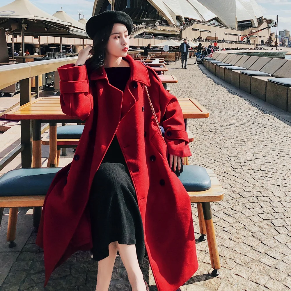 

Photo Shoot 2018 Winter New Style WOMEN'S Dress Retro British Style CHIC Double Breasted Waist Hugging Woolen Overcoat Woolen Ja