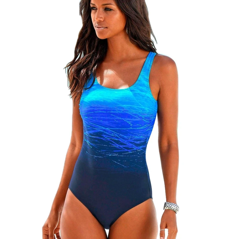 

Large Size One Piece Swimsuit Female Women Vintage Swimwear High Neck Bandage Criss Cross Back Monokini Blue Xxl