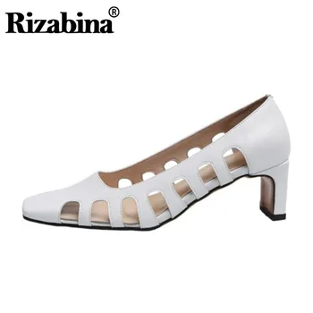 

RIZABINA Women Pumps Shoes Fashion Square Toe Hollow Out Shoes Women New Design Thick Heels Genuine Leather Footwear Size 34-40