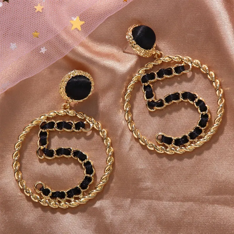 Fashion Big Circle Number 5 Earring Women Jewelry Simple Model Earrings Black Ribbon Weaves