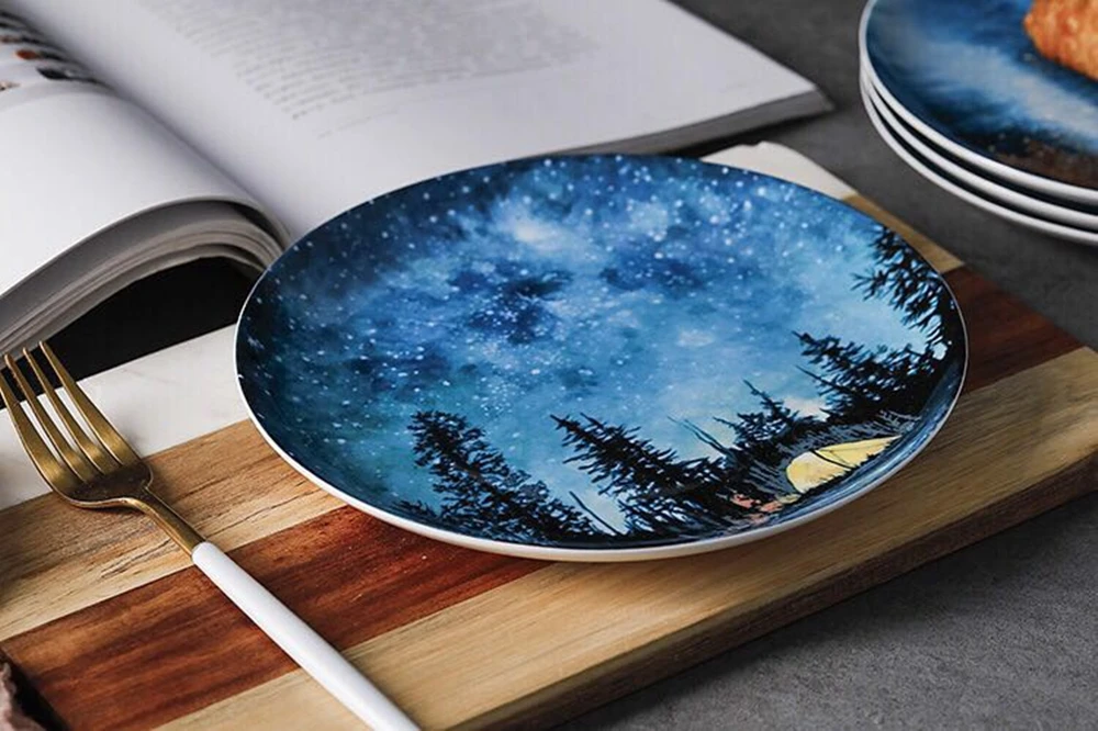 Europe Sky Tableware Dessert Plates Bone China Breakfast Plate Round Dinner Dish Pastry Fruit Cake Platter Home Decoration (5)