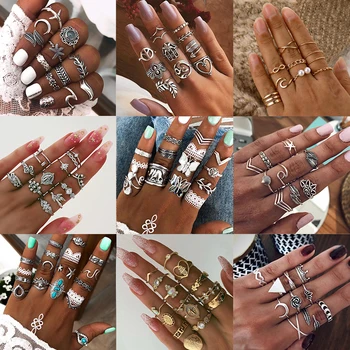 

14 Pcs/Set Vintage Butterfly Midi Ring Set For Women Fashion Crown Heart Leaf Starfish Crystal Gem Ring Fashion Lady Jewelry New