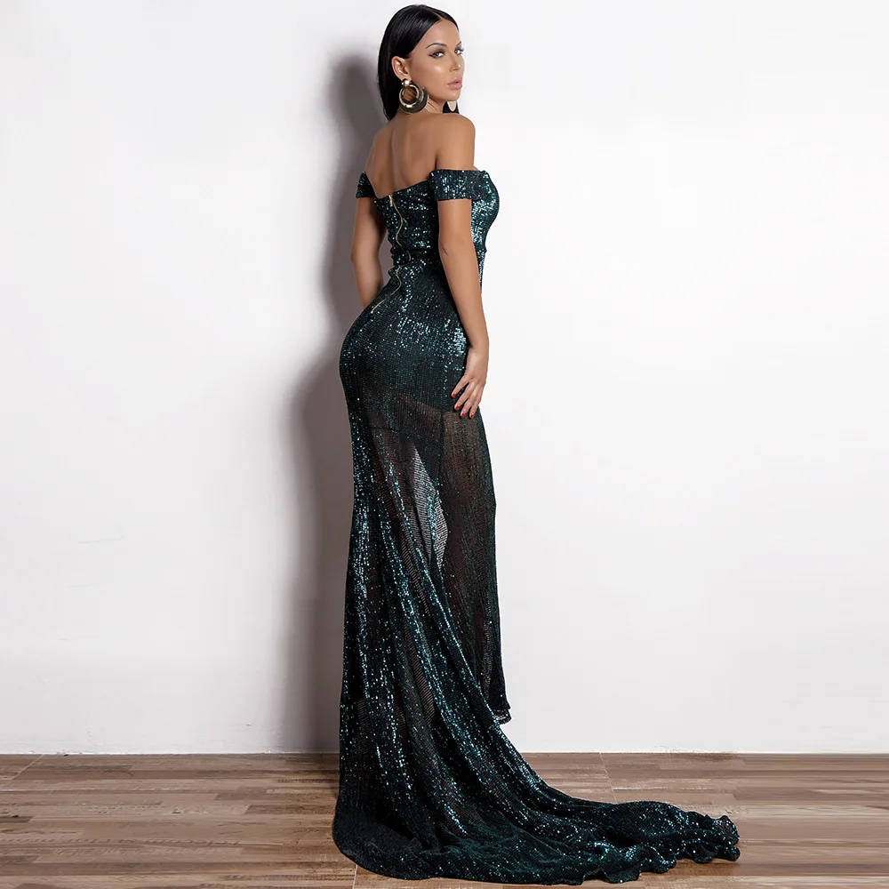 

2019 WOMEN'S Dress Sexy Bra off-Shoulder Sequins Dress Split Elegant Evening Gown Party Banquet
